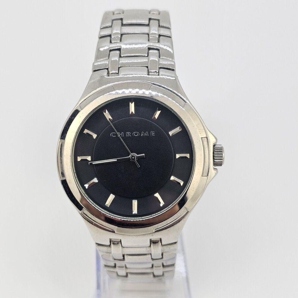 Chrome Men's Watch 42MM Black‎ Dial Gray Case Bracelet Band 7.5" New Battery